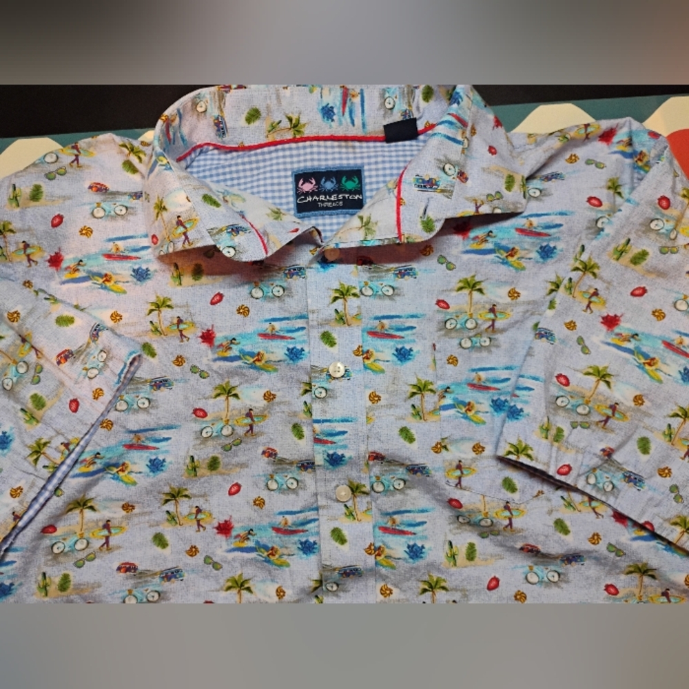 CHARLESTON THREADS XXL Beach Surf Palm Trees Short Sleeve Button Shirt Mens 2X Q